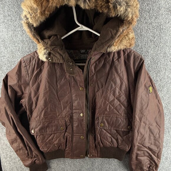 Belstaff Gold Label Waxed Jacket Fur Hood Trim Size 44 Brown Italy Pockets Adult - Picture 1 of 16